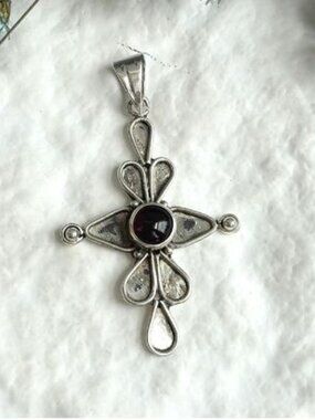 Cross Shaped Amber Cabochon Gemstone Sterling Silver 925 Vintage Pendant | Charm